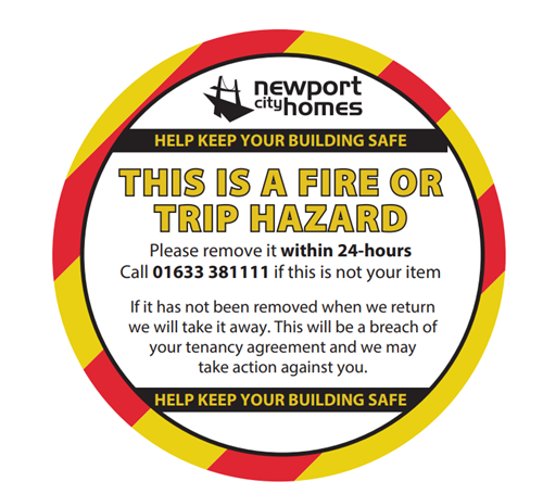 Sticker that reads "This is a fire or trip hazard, please remove within 24 Hours"