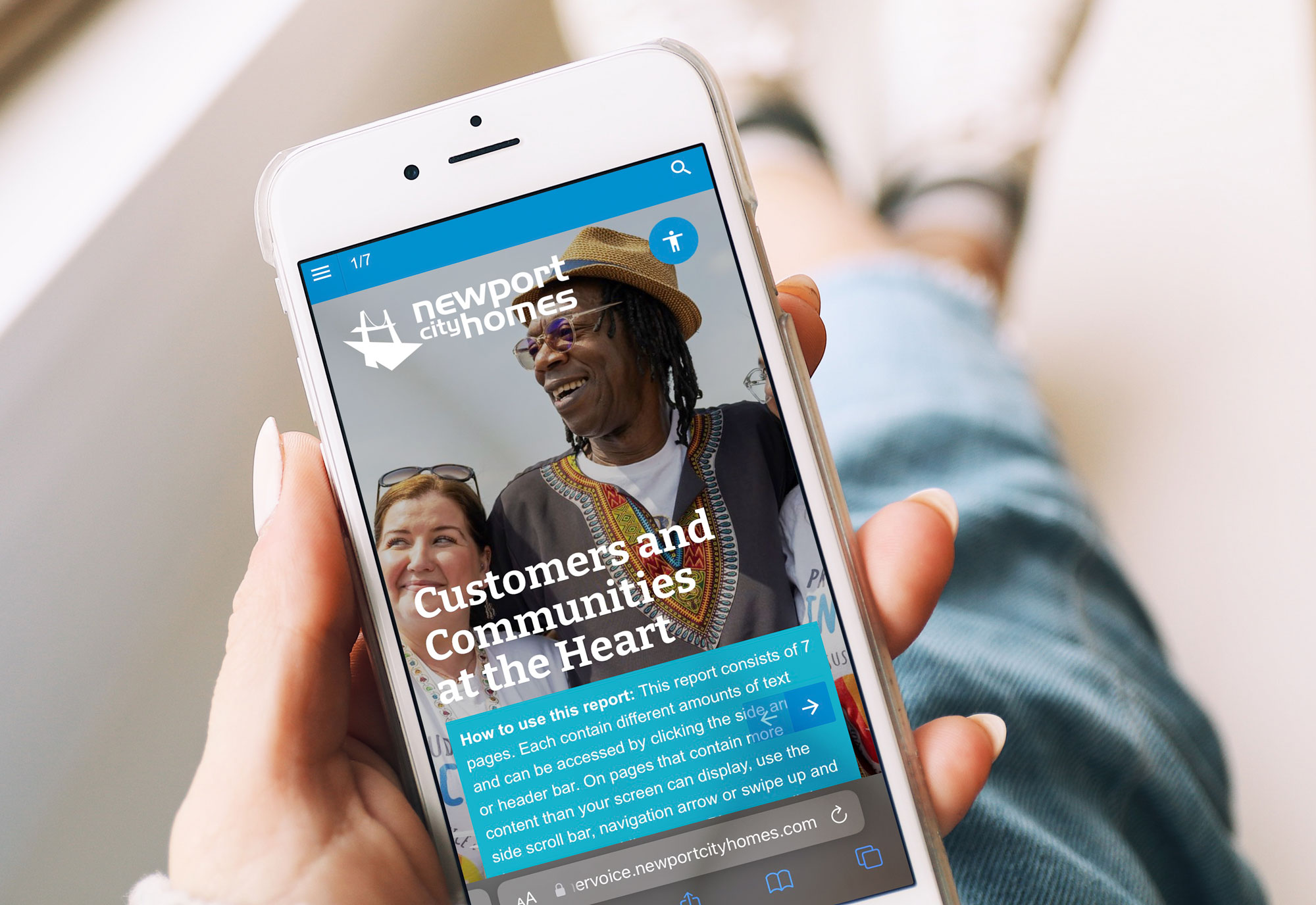 Our customers and communities at the heart report displays on a woman's mobile in her hand